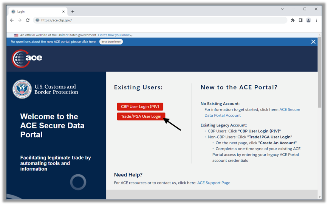Image of the log in screen to Log in to your ACE Portal Account