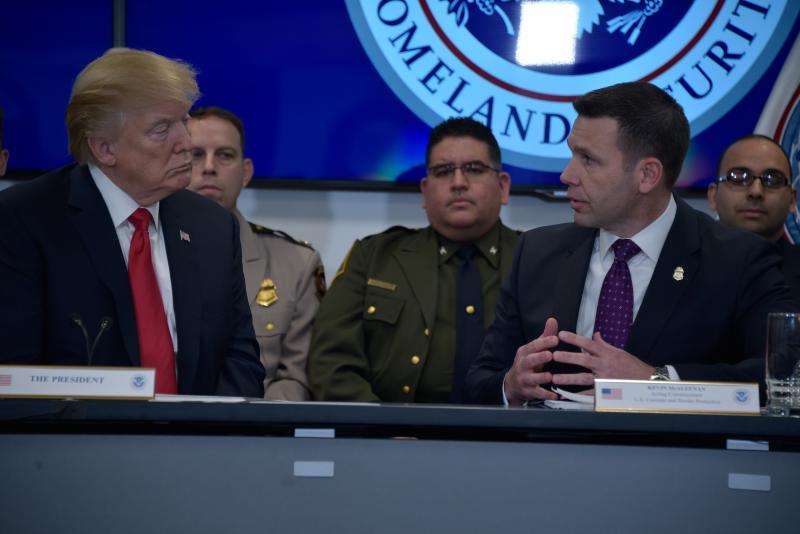 U.S. Customs and Border Protection Acting Commissioner Kevin McAleenan briefs President Donald Trump about illegal immigration and illicit drug smuggling during an interagency meeting at CBP’s National Targeting Center in Sterling, Virginia, Feb. 2. DHS photo by Jetta Disco