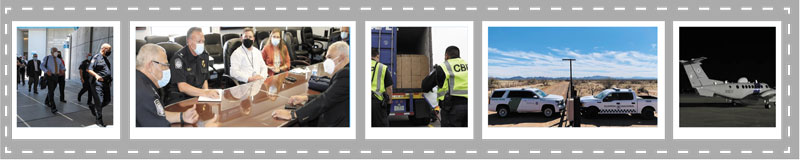 5 images of CBP in action. From left to right OIT staff walking down a hallway, staff meeting with members of OFO and OIT, officers inspect a truck, Border Patrol vehicles parked across the road, An Air and Marine Operations plane on the tarmac at night.