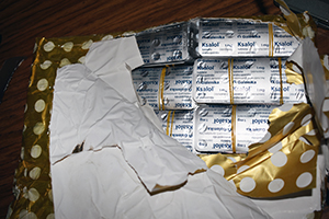 U.S. Customs and Border Protection officers seize 4,055 pills of Xanax and Klonopin in Philadelphia on March 14, 2023, that arrived gift-wrapped from Kosovo and were destined to an address in Hancock County, Maine.