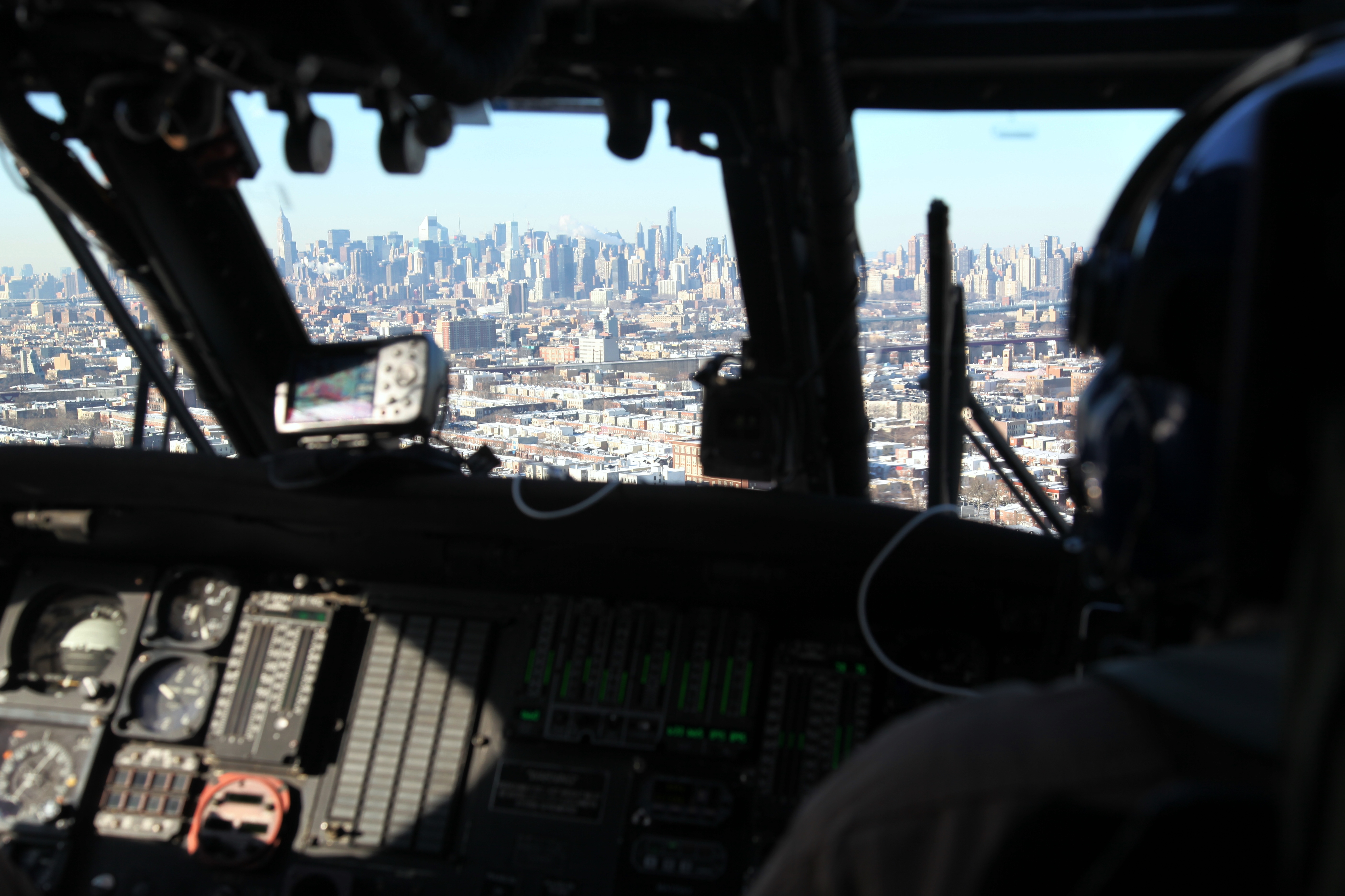 A CBP Black Hawk helicopter conducts a familiarization flight near New York City a few days prior to this year's Super Bowl.