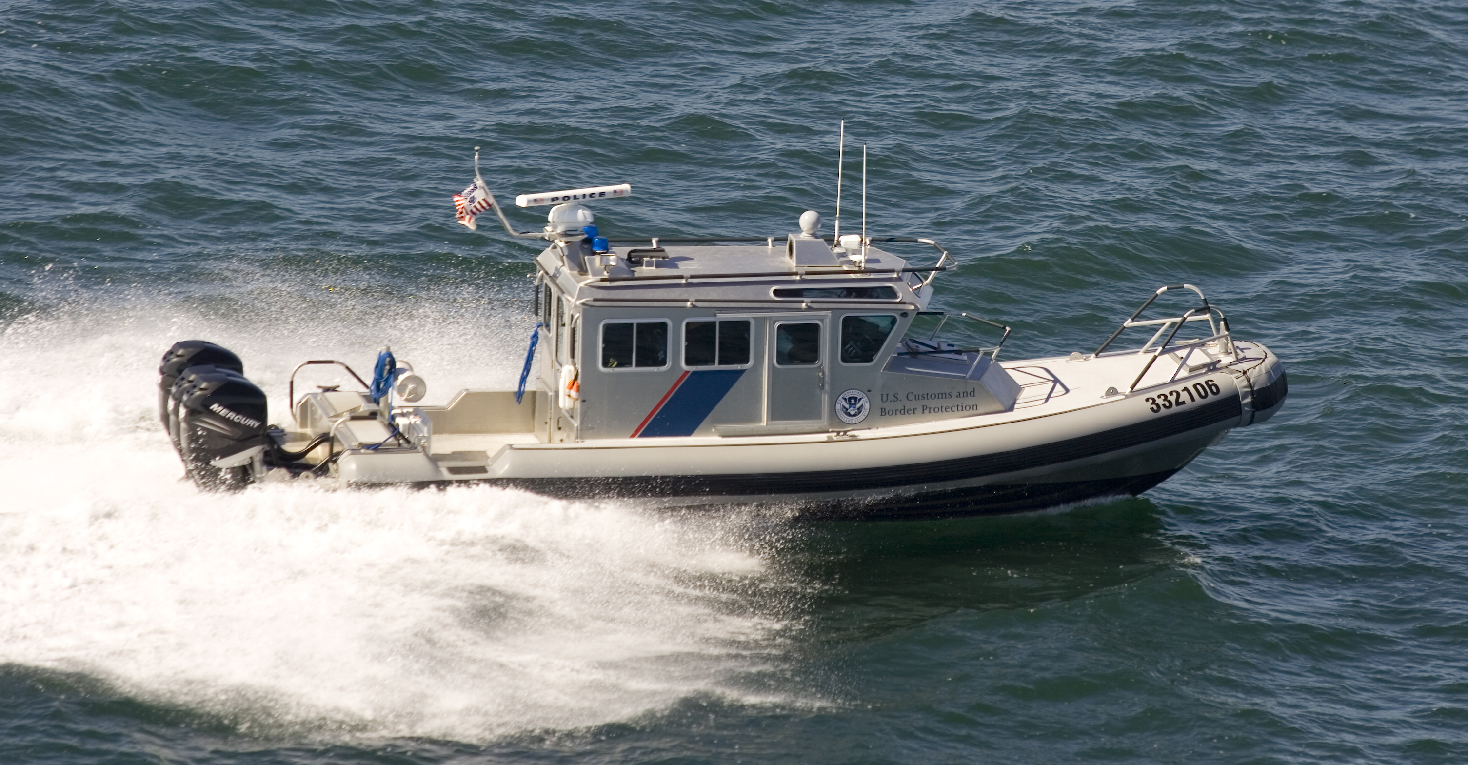 A Customs and Border Protection Safe Boat Marine Unit patrol the waters near Bellingham, Washington.