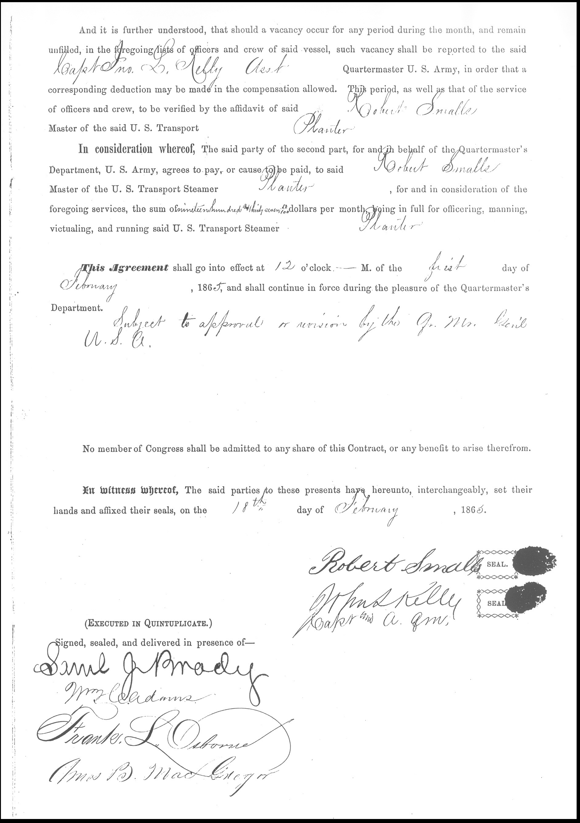 Robert Smalls' contract with the Union as Master of the Planter.