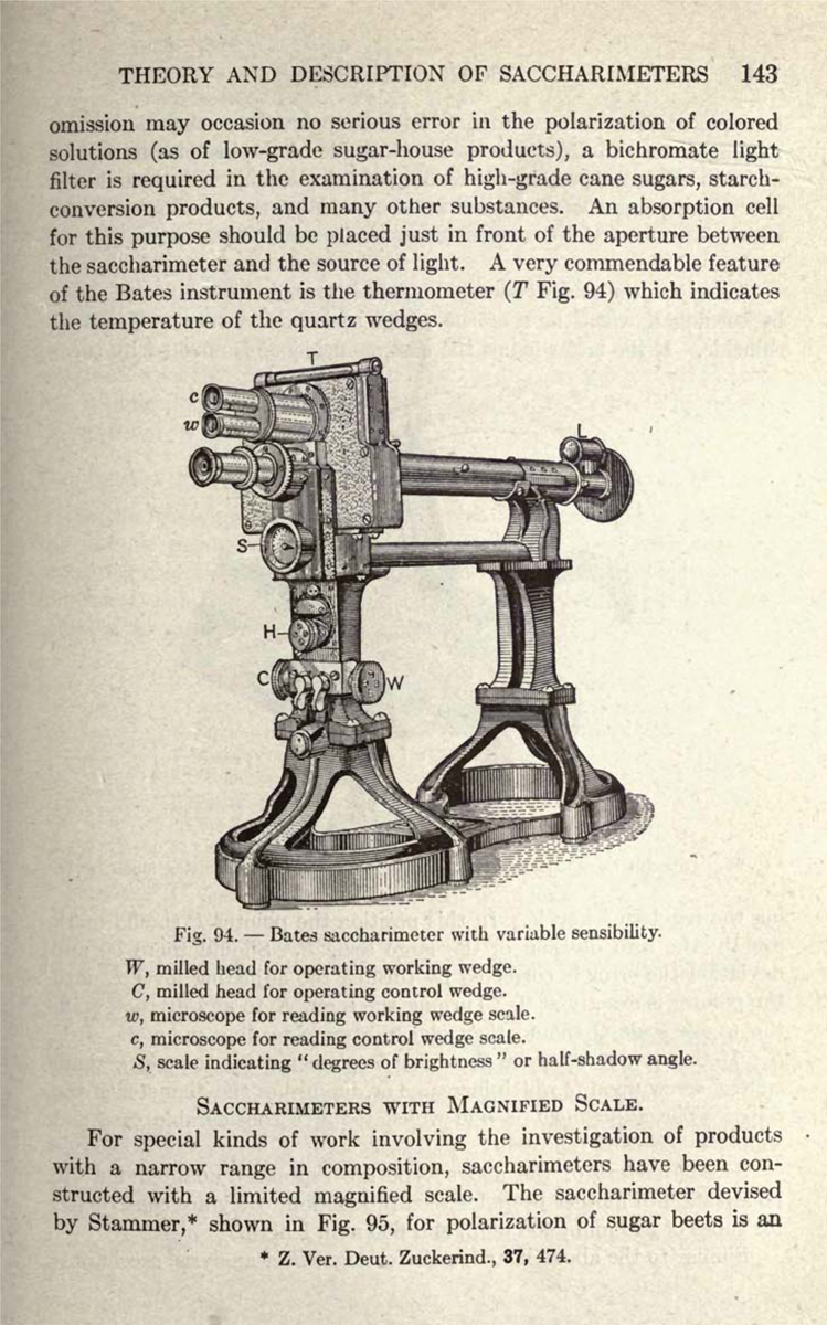 Illustration of the Bates saccharimeter, 1912. The saccharimeter is a version of the polariscope calibrated to use solely for sugar analysis. Source: Handbook of Sugar Analysis, 1912.