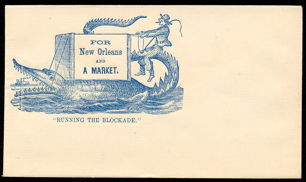 A cheerful blockade runner holds the reigns of a cargo-laden alligator bound for the New Orleans market. (Civil War Treasures from the New-York Historical Society [nhnycw/aj aj78002])