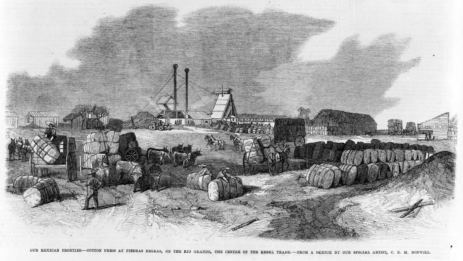 Bales of southern cotton are loaded onto carts headed into Mexico. Though the Union blockade of seaports and inland waterways was relatively successful, cutting off trade on the southern border with Mexico was not feasible. (Library of Congress image [LC-USZ62-119594])