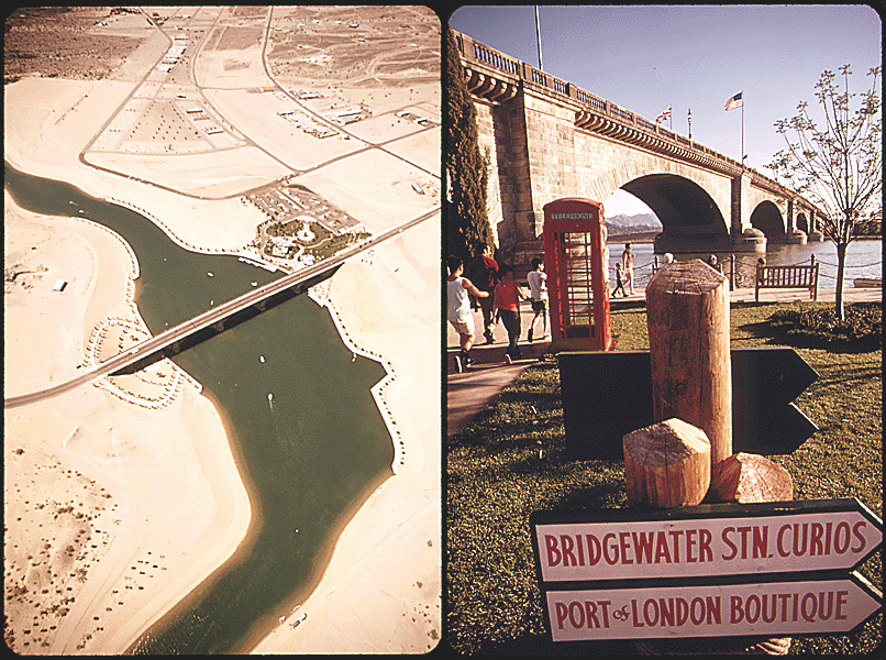 Two views of the rebuilt London Bridge at Lake Havasu City in Arizona. The bridge was not reassembled exactly as it was before. The façades were sliced from the stone blocks and adhered to a cement structural support-so it looked like the old bridge, but was sturdier and somewhat smaller. Images from Record Group 412, National Archives and Records Administration.