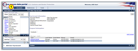 image of the ACE portal with the Accounts Selector highlighted