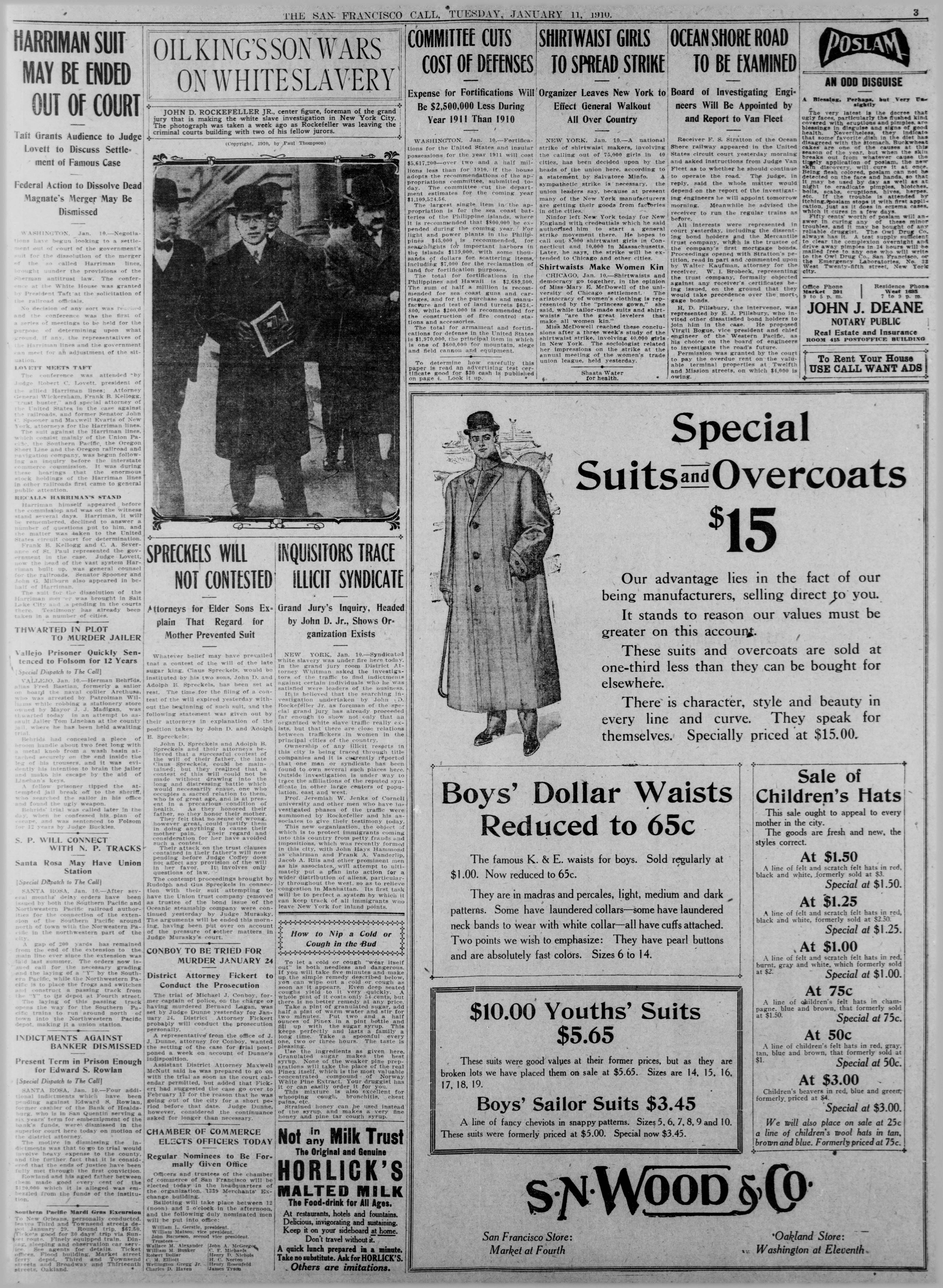 Photo of the San Francisco Call newspaper detailing Rockefeller's work with the grand jury investigating white slavery.