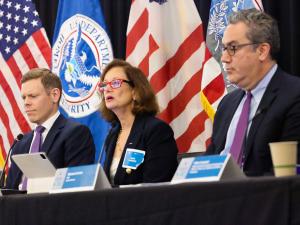 Industry Leaders on stage at CBP's Green Trade Innovation and Incentives Forum. Details in caption. 