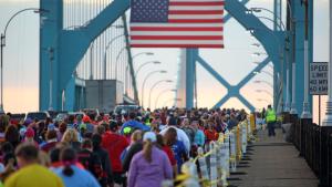 Runners on the Ambassador bridge as they cross into Canada for marathon