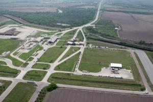 An aerial view of the export lot area at Free Trade Bridge at Los Indios, TX.