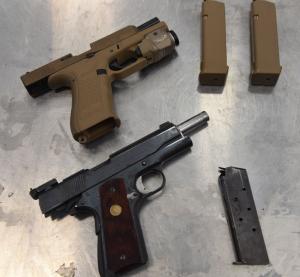 Two handguns seized by CBP officers during an outbound examination at Juarez-Lincoln Bridge..