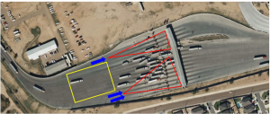 Image illustrates the traffic flow pattern at World Trade Bridge during the construction of new non-intrusive inspection system equipment in the preprimary area of World Trade Bridge.