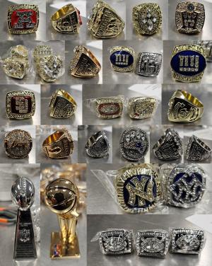 Counterfeit professional sports championship rings consisting of NFL, NBA and MLB, seized as Intellectual Property Rights violations.