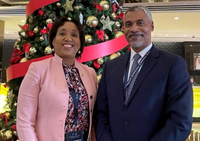 Saunders pauses for a picture with the Commissioner of Jamaica Customs in Bahrain