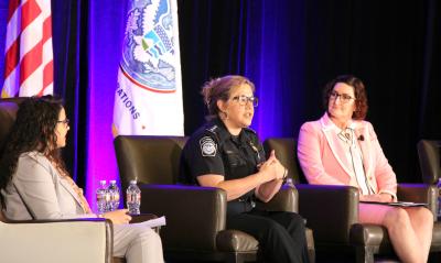 CBP Deputy Executive Assistant Commissioner of the Office of Field Operations Diane Sabatino, center, talks about new trade initiatives that will be implemented at the U.S. ports of entry.