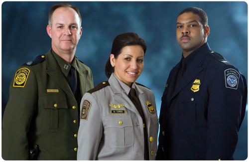 The three uniforms, from left to right, represent Border Patrol, Air and Marine Operations and Field Operations.