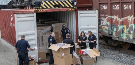 A Special Operation inspecting cargo at port of International Falls, Minnesota rail yard. 