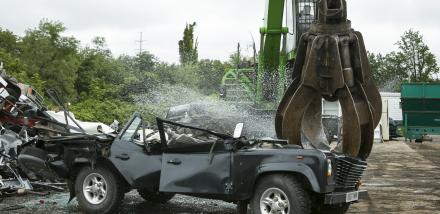 Photo of a fraudulent Land Rover Defender being destroyed in August 2013.