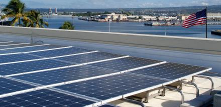 Photo of one of five solar rooftop installations at Pearl Harbor-Hickam military base in Hawaii.
