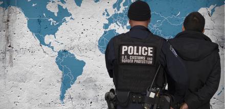 World map background with law enforcement arresting an individual