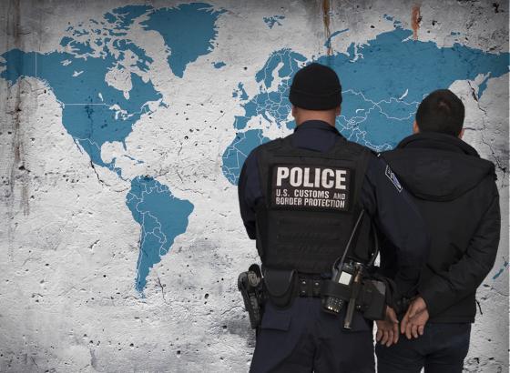 World map background with law enforcement arresting an individual