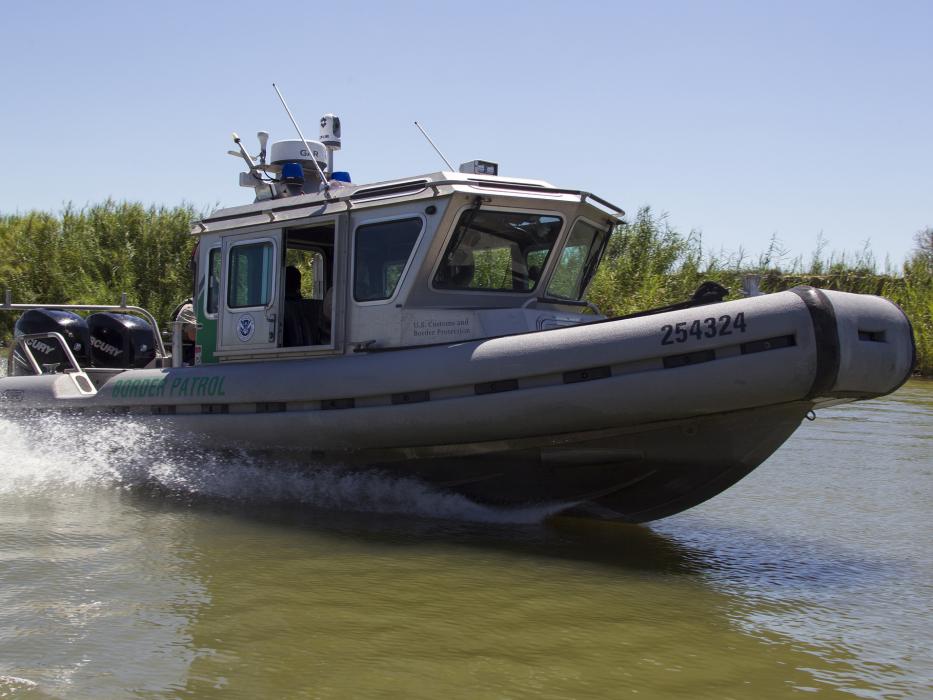 Photo of a Border Patrol boat on patrol on the Rio Grande River