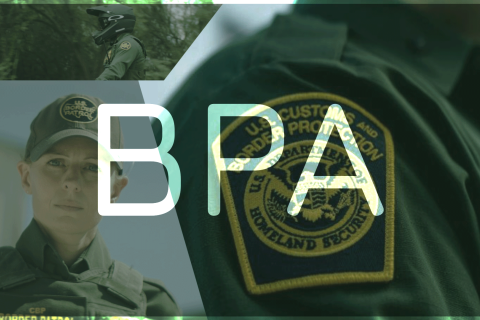 BPA displaying over a female Border Patrol Agent and the patch of a Border Patrol Agent uniform