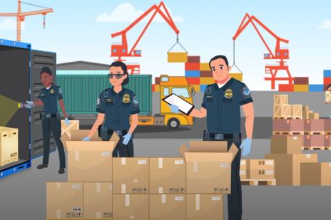 animated representations of CBP officers inspecting cargo with trucks and cranes behind them