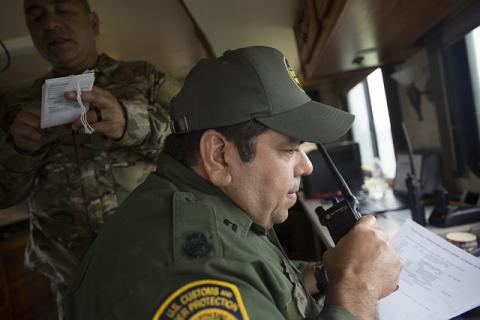 U.S Border Patrol agents man a mobile command post in Rockport, Texas
