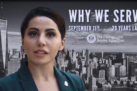 Photograph of Ola Nayyef with New York City skyline background and words, "Why We Serve"