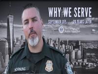 CBP officer Hornung with New York City skyline in background with "Why We Serve"