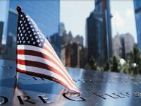 Photograph of the American flag at the 9/11 memorial in New York City