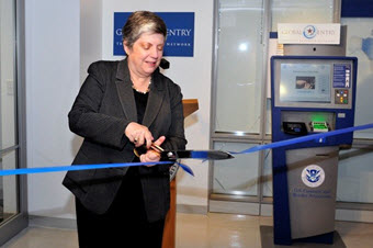 DHS Secretary Janet Napolitano cuts the ribbon opening the Global Entry Enrollment Center.