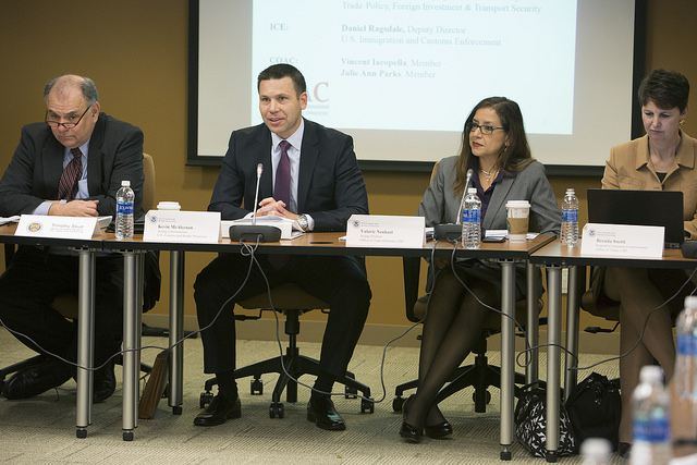 CBP Acting Commissioner Kevin K. McAleenan (center) speaks to attendees at the first 2017 public gathering of COAC held on March 1, while, (l-r) Deputy Assistant Treasury Secretary Timothy Skud, Acting Director of CBP’s Office of Trade Relations Valarie Neuhart, and Executive Assistant Commissioner of CBP’s Office of Trade Brenda Smith listen.