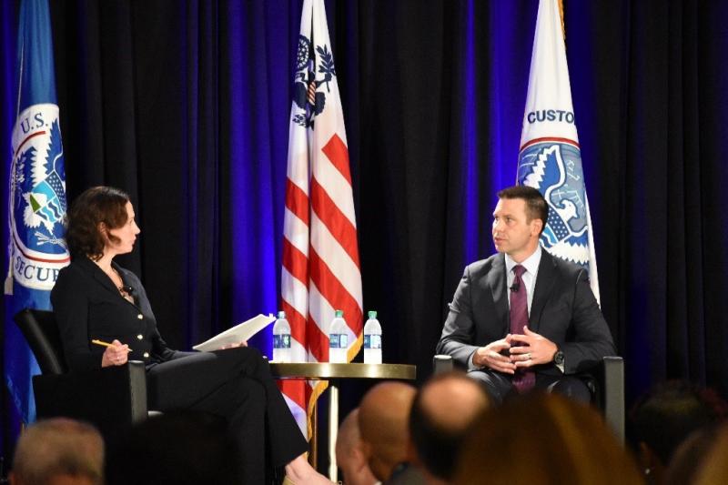 Elizabeth Merritt, managing director of cargo services for Airlines for America, left, leads a conversation with CBP Commissioner Kevin McAleenan at the agency’s Trade Symposium held in Atlanta, August 14-15.