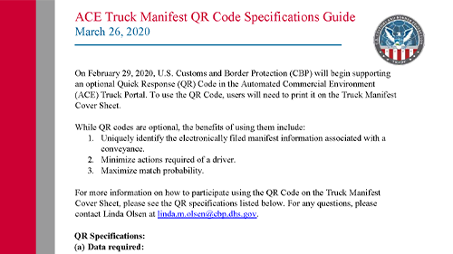 Screenshot of the Truck Manifest QR Code information notice document