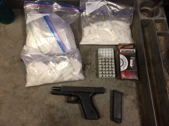 Agents found a Glock handgun, 18-round magazine,three bags of meth inside car’s glove box.