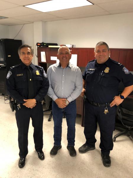 Celebrating Assistant Port Director Gilbert Sepulveda's retirement after more than 30 years of federal service. From left: APD Pete Macias, APD Sepulveda and Chief CBP Officer Pete Beattie