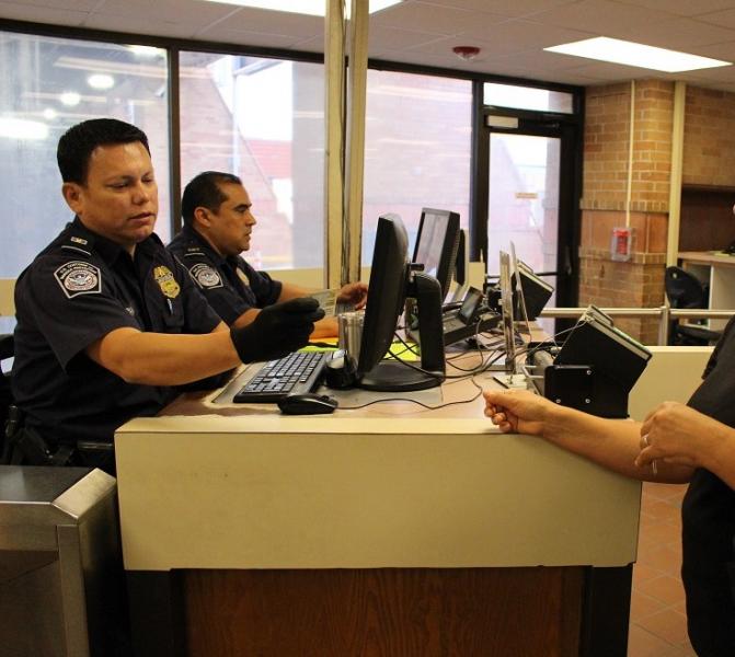 CBP officers process ariving pedestrians at Hidalgo International Bridge