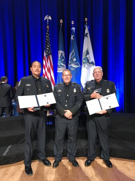 Port Director Sidney Aki, Executive Assistant Commissioner Todd Owen and Director, Field Operations pose for a picture after PD Aki and DFO Higgerson recevied 2018 Silver Medal for Meritorious Service at the DHS Secretary's Awards in Washington, DC