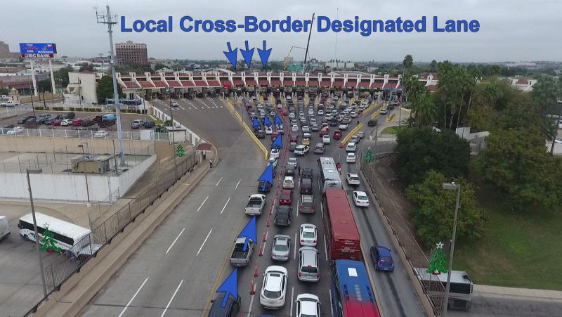 Este gráfico illustra la ubicación del carril designado en Puente Juarez-Lincoln para el tráfico local que no necista ningún beneficio como un permiso de turista