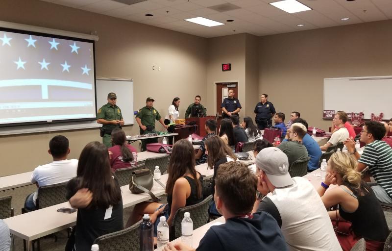 Border Patrol agents and CBP officers provide briefing to TAMIU international students regarding the requirements and responsibilities of F-1 and J-1 visa carriers.