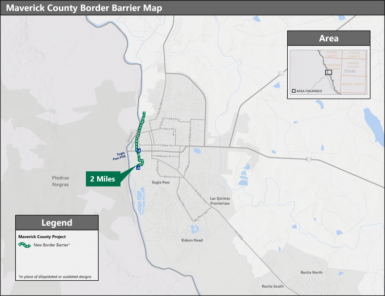 A map delineates proposed border barrier within Maverick County, Texas
