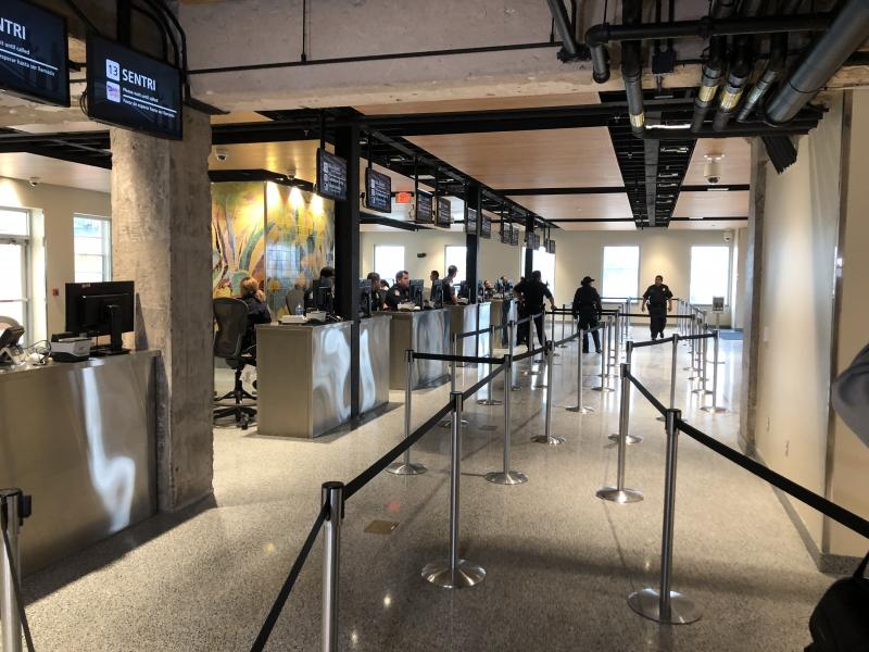 A view of the pedestrian arrival area at Gateway to the Americas Bridge