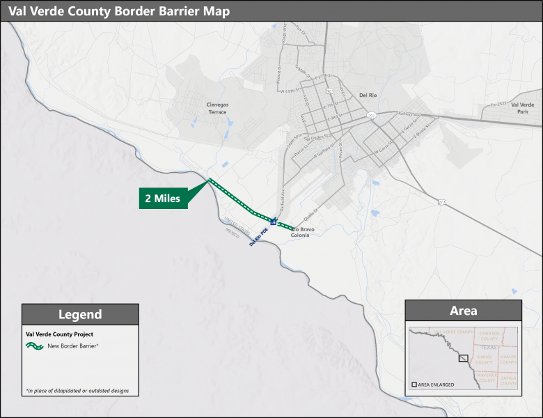 A map delineates proposed border barrier within Val Verde County