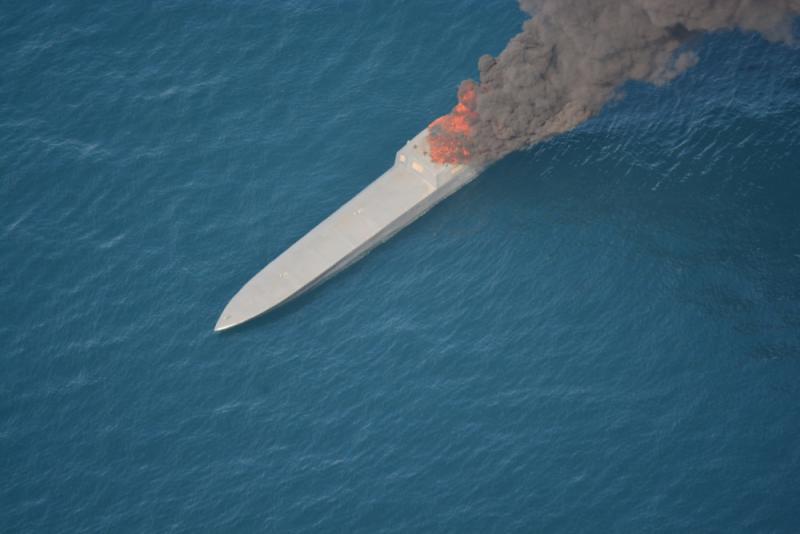 Low profile go-fast vessel on fire after it was interdicted