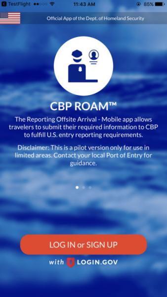 Screenshot of CBP ROAM app