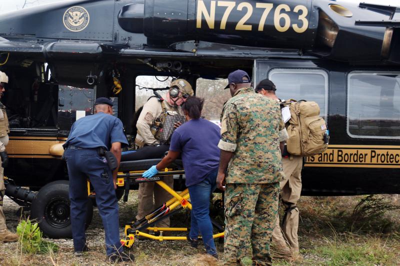 A CBP Blackhawk helicopter crew deployed from Miami airlifted injured residents from Marsh Harbor in Abaco Islands, Bahamas to safety Sep. 3, 2019.